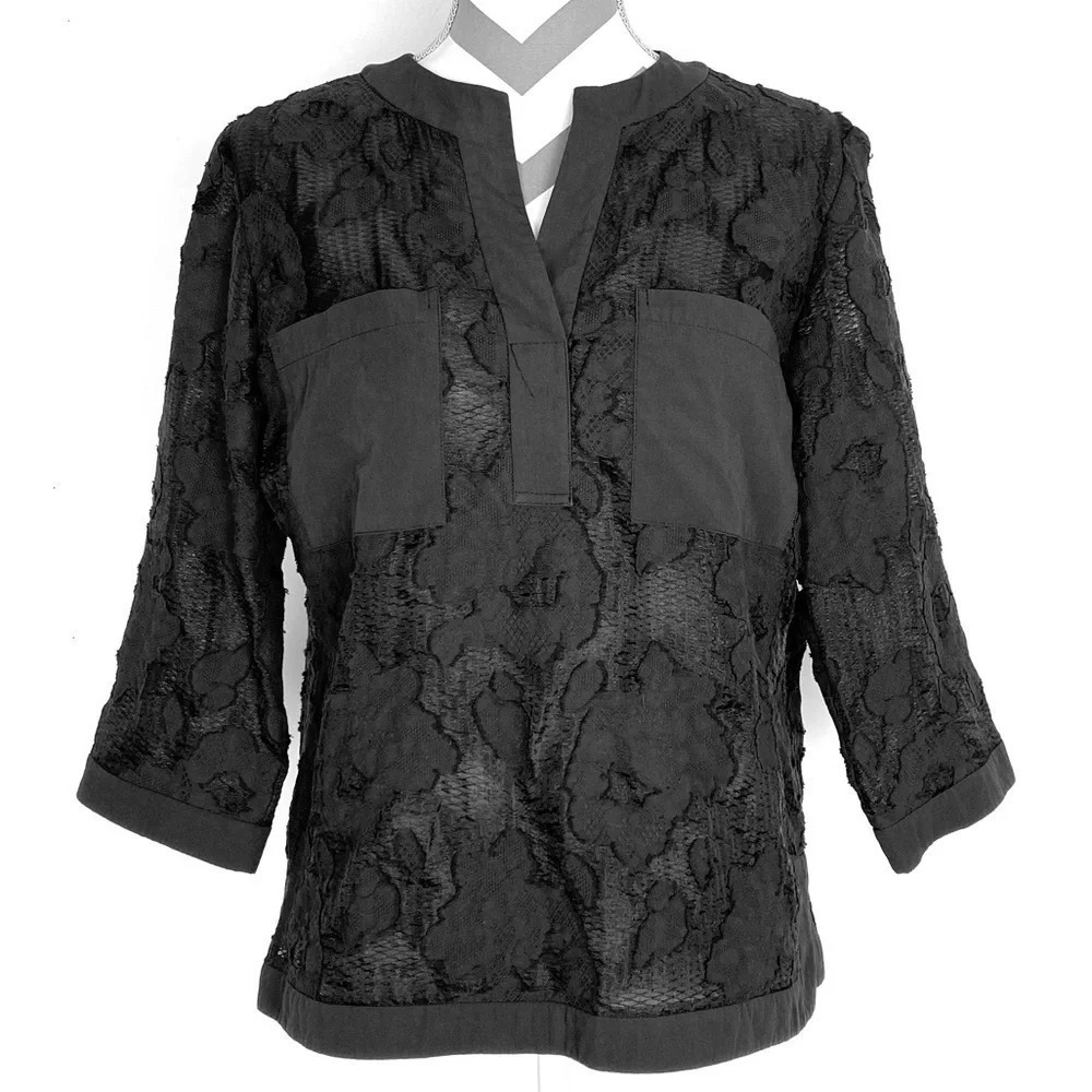 Gerard Darel x Penny Blue Paris Lace Tunic Blouse Womens Size Medium Gray Black